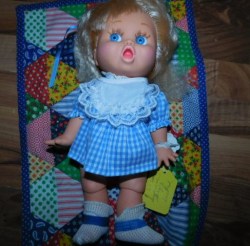 13'' PLATINUM BLONDE SURPRISE SUZIE DOLL,  MOLD #2, BLUE CHECK DRESS
